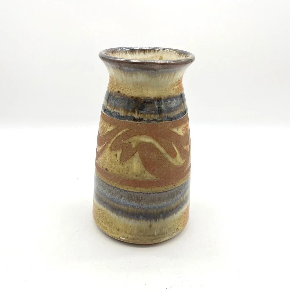 Robert Farmer Signed Studio Pottery Vase Earthy Abstract Glaze Brown Blue 6.5in